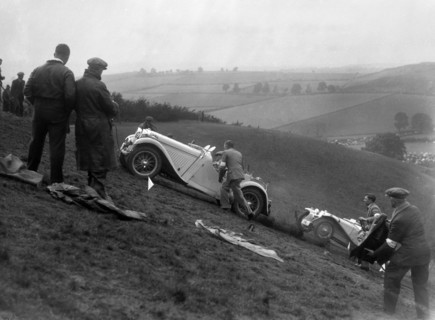 Singer and Riley Imp of B Bira competing in the MG Car Club Rushmere Hillclimb, Shropshire, 1935. Artist: Bill Brunell.
