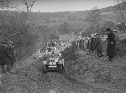 Austin 7 Grasshopper of Alf Langley competing at the MG Car Club Midland Centre Trial, 1938. Artist: Bill Brunell.