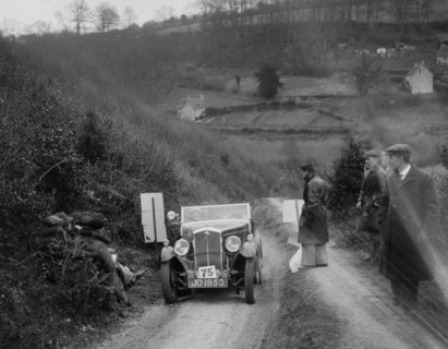 Wolseley Hornet of Miss P Goodban, North West London Motor Club London-Gloucester Trial, 1932. Artist: Bill Brunell.