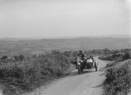 Brough Superior and sidecar of FW Stevenson competing in the MCC Torquay Rally, 1938. Artist: Bill Brunell.