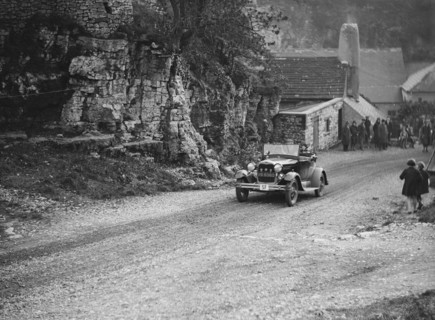 Ford Model A of FH Grain competing in the MCC Sporting Trial, Litton Slack, Derbyshire, 1930. Artist: Bill Brunell.