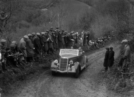 Ford V8 of CAH Cann competing in the MCC Lands End Trial, 1935. Artist: Bill Brunell.
