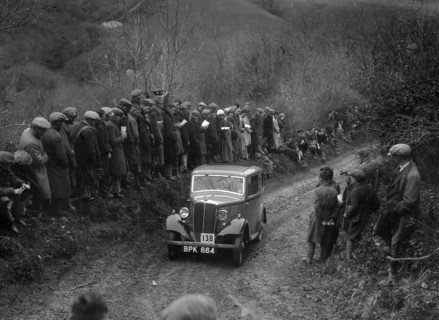Standard of CS John competing in the MCC Lands End Trial, 1935. Artist: Bill Brunell.