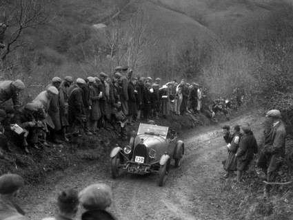 Bugatti Type 40 of KG Moss competing in the MCC Lands End Trial, 1935. Artist: Bill Brunell.