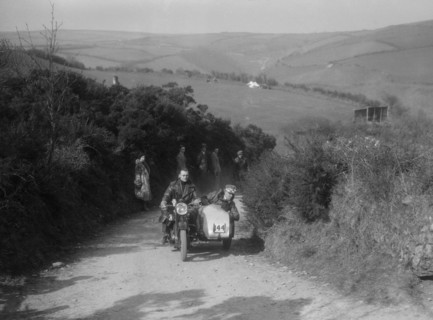 990 cc AJS and sidecar of M Laidlaw at the MCC Lands End Trial, Beggars Roost, Devon, 1936. Artist: Bill Brunell.