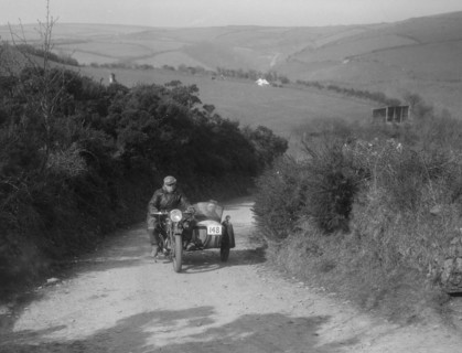 497 cc Ariel and sidecar of R Newman at the MCC Lands End Trial, Beggars Roost, Devon, 1936. Artist: Bill Brunell.