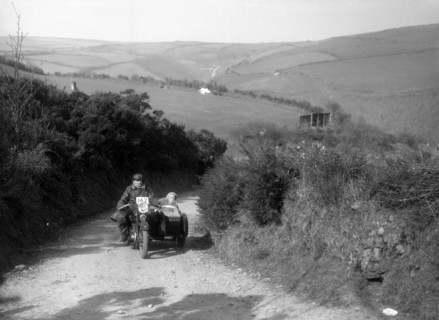 990 cc AJS and sidecar of CF Crossby at the MCC Lands End Trial, Beggars Roost, Devon, 1936. Artist: Bill Brunell.
