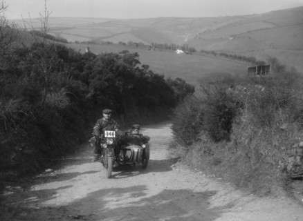 499 cc Rudge-Whitworth and sidecar of E Travers, MCC Lands End Trial, Beggars Roost, Devon, 1936. Artist: Bill Brunell.
