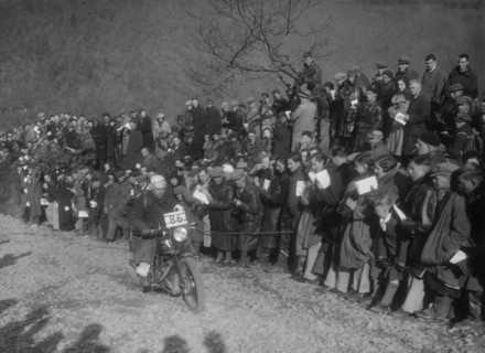 499 cc Vincent-HRD of W Clarke competing in the MCC Lands End Trial, Beggars Roost, Devon, 1936. Artist: Bill Brunell.