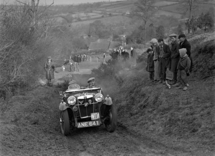 MG PA of JH Clent competing in the MG Car Club Midland Centre Trial, 1938. Artist: Bill Brunell.