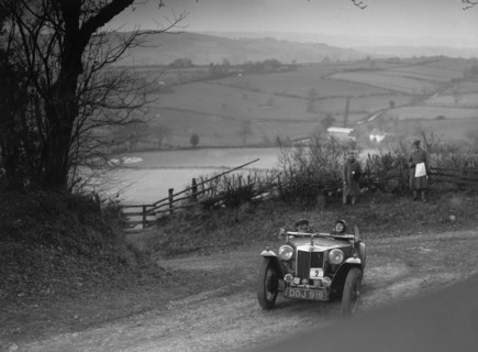 MG TA of JL Lutwyche competing in the MG Car Club Midland Centre Trial, 1938. Artist: Bill Brunell.