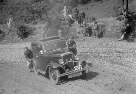 Austin 10 saloon at the Mid Surrey AC Barnstaple Trial, Beggars Roost, Devon, 1934. Artist: Bill Brunell.