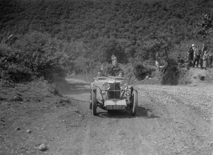 MG J2 competing in the Mid Surrey AC Barnstaple Trial, Beggars Roost, Devon, 1934. Artist: Bill Brunell.