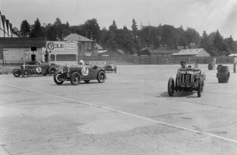 Frazer-Nash, Wolseley Hornet and Riley 9 Brooklands, BARC meeting, Brooklands, Surrey, 1933. Artist: Bill Brunell.