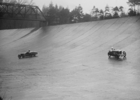 MG M type and Riley 9 Brooklands racing at a BARC meeting, Brooklands, Surrey, 1931 Artist: Bill Brunell.