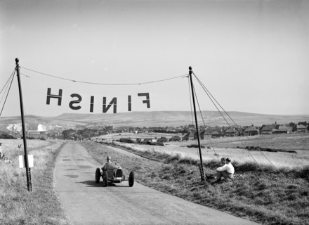 Bugatti Type 51 competing in the Bugatti Owners Club Lewes Speed Trials, Sussex, 1937. Artist: Bill Brunell.