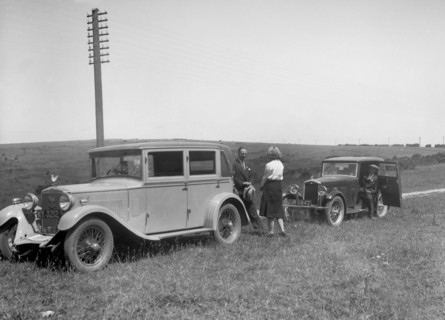 Wolseley Hornet of JW Whalley and Kitty Brunell's Bianchi saloon, B&HMC Brighton Motor Rally, 1930. Artist: Bill Brunell.