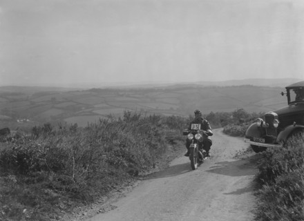 599 cc Panther motorcycle competing in the MCC Torquay Rally, 1938. Artist: Bill Brunell.