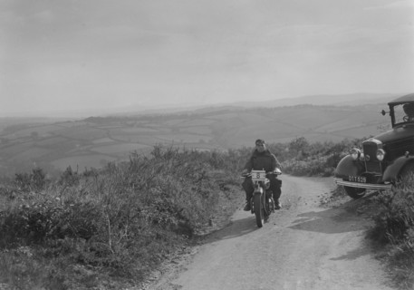 Ariel motorcycle competing in the MCC Torquay Rally, 1938. Artist: Bill Brunell.