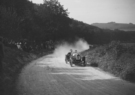 Raymond Mays' Bugatti competing in a JCC hillclimb, South Harting, Sussex, 1922. Artist: Bill Brunell.