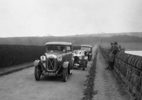Salmson, Amilcar and Riley 9, Ilkley & District MC Trial, Fewston Reservoir, Yorkshire, 1930s. Artist: Bill Brunell.