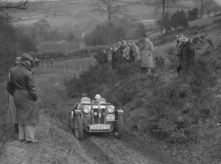 MG PB of J Terras competing in the MG Car Club Midland Centre Trial, 1938. Artist: Bill Brunell.