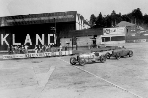 Harker Special of WE Harker and Bugatti Type 37 of John Appleton, BARC meeting, Brooklands, 1933. Artist: Bill Brunell.