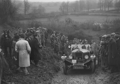 Crossley of HJ Stroud competing in the MCC Exeter Trial, Ibberton Hill, Dorset, 1930. Artist: Bill Brunell.