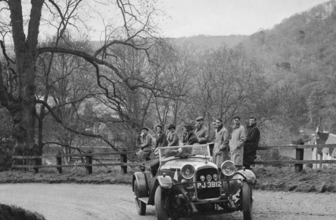 Lagonda 4-seat tourer of CE Littler competing in the RAC Rally, 1939. Artist: Bill Brunell.
