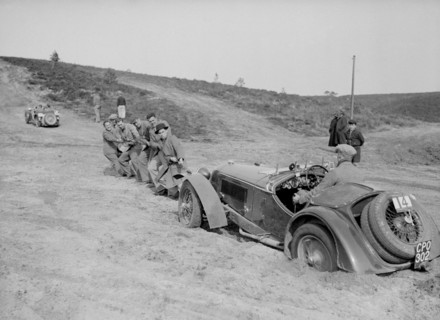 Riley Birdcage Sprite competing in the Great Weat Motor Club Trial, 1938. Artist: Bill Brunell.