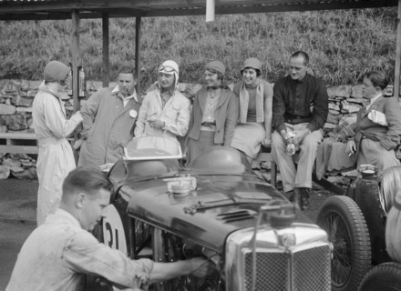 MG C type of Cyril Paul in the pits at the RAC TT Race, Ards Circuit, Belfast, 1932. Artist: Bill Brunell.