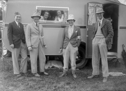 Group portrat at Shelsley Walsh, Worcestershire, during the Blackpool Rally, 1937.  Artist: Bill Brunell.