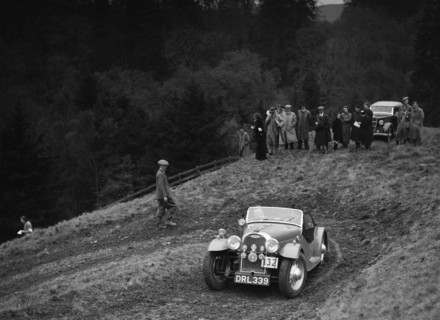 Morgan 4/4 of RD Harris competing in the MCC Edinburgh Trial, Roxburghshire, Scotland, 1938. Artist: Bill Brunell.