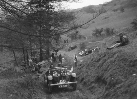 Triumph open tourer competing in the MG Car Club Abingdon Trial/Rally, 1939. Artist: Bill Brunell.