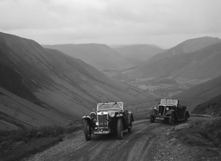 MG PA and Morris 8 tourer competing in the MG Car Club Abingdon Trial/Rally, 1939. Artist: Bill Brunell.