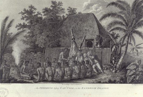 Natives of the Sandwich Islands, Hawaii, slaughtering swine before Captain Cook, c1778. Artist: Unknown