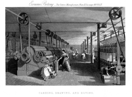 Carding, drawing and roving cotton, c1830. Artist: Unknown