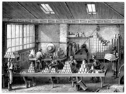 Filling and soldering cans of food, France, c1870. Artist: Unknown