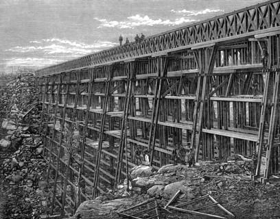 Wooden trestle bridge on the Union Pacific Railroad, Dale Creek, Wyoming, USA, 1869. Artist: Unknown
