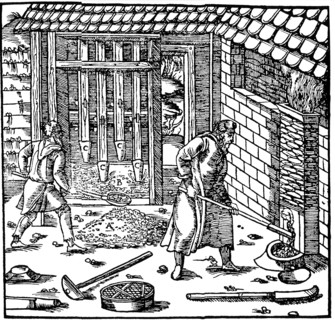 Stamping and roasting ore to extract metal, 1556. Artist: Unknown