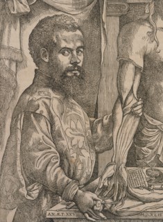 Andreas Vesalius dissecting the muscles of the forearm of a cadaver, 1543.  Artist: Steven van Calcar