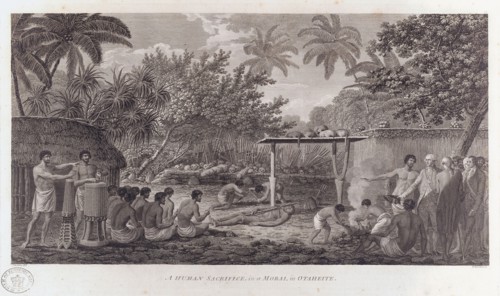 Human sacrifice on Tahiti in the South Pacific, c1773. Artist: W Woollett