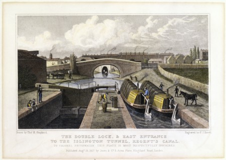 'The Double Lock and East Entrance to the Islington Tunnel, Regent's Canal', 1827. Artist: Frederick James Havell