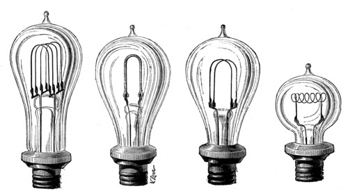 Edison's incandescent lamps showing various forms of carbon filament, 1883. Artist: Unknown
