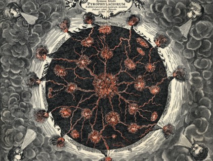Sectional view of the Earth, showing central fire and volcanoes, 1665. Artist: Unknown