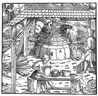 Separating lead from silver or gold in a cupellation furnace, 1556. Artist: Unknown