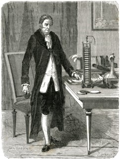 Alessandro Volta, Italian physicist, demonstrating his electric pile (battery), c1800 (c1870). Artist: Unknown