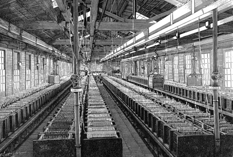 Manufacture of electric batteries, USA, 1887. Artist: Unknown