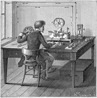 Operator receiving a message in Morse code on an electric printing telegraph, 1887. Artist: Unknown