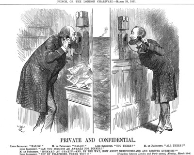 'Private and Confidential', opening of the Anglo-French telephone line, 1891. Artist: John Tenniel